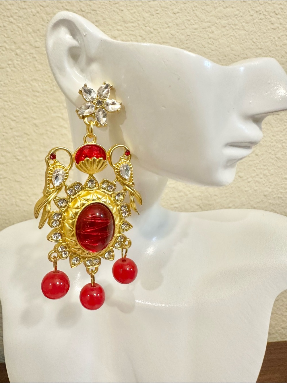Gold Plated Red Cabochon Statement Drop Earrings - Elegant Women's Jewelry